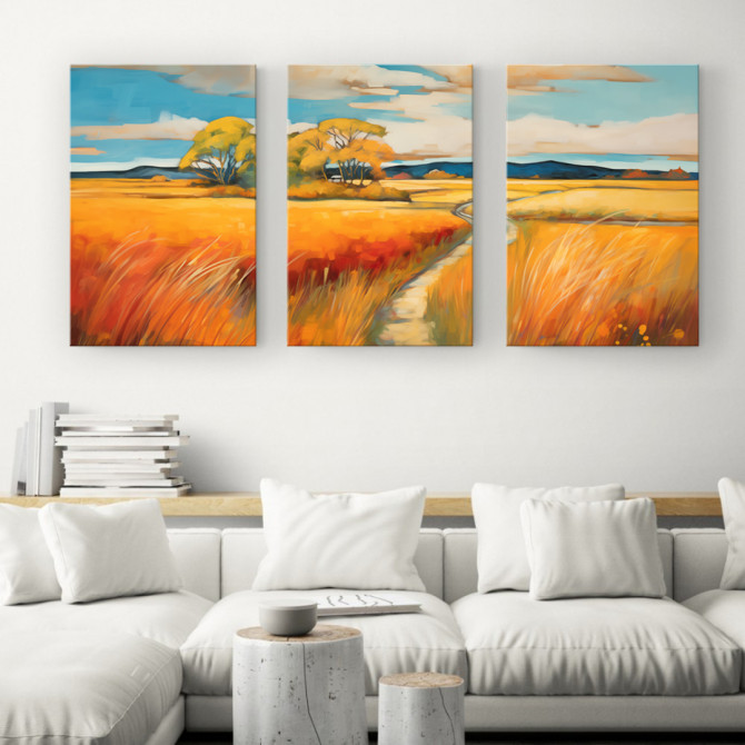 Tríptico decorativo con paisaje de campos amarillos y rojos bajo cielo azul-Cuadrostock