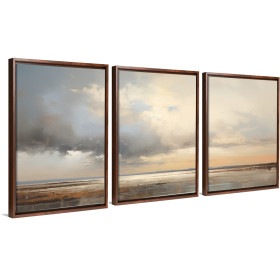 Tríptico decorativo de paisaje marino con arena, agua y cielo en tonos suaves y nublados- Cuadrostock
