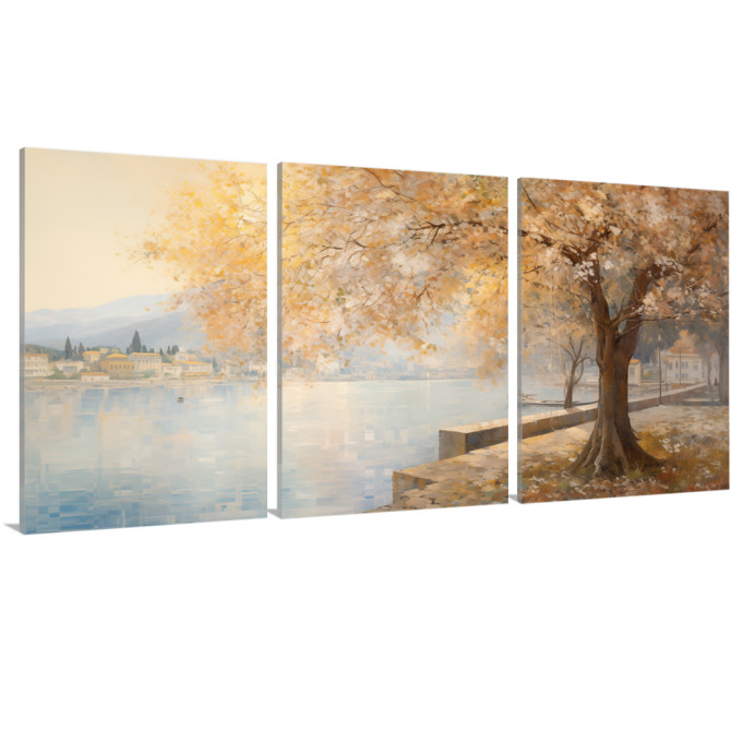 Tríptico decorativo con paisaje otoñal junto a un lago- Cuadrostock