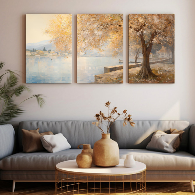 Tríptico decorativo con paisaje otoñal junto a un lago- Cuadrostock