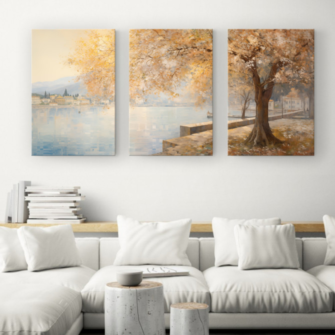 Tríptico decorativo con paisaje otoñal junto a un lago- Cuadrostock
