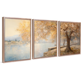 Tríptico decorativo con paisaje otoñal junto a un lago- Cuadrostock