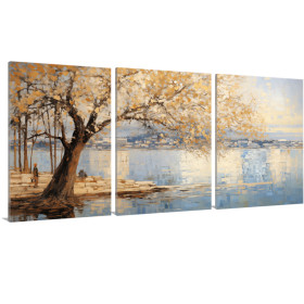 Tríptico decorativo de paisaje otoñal junto a un lago, con árbol de hojas doradas y reflejos en el agua.