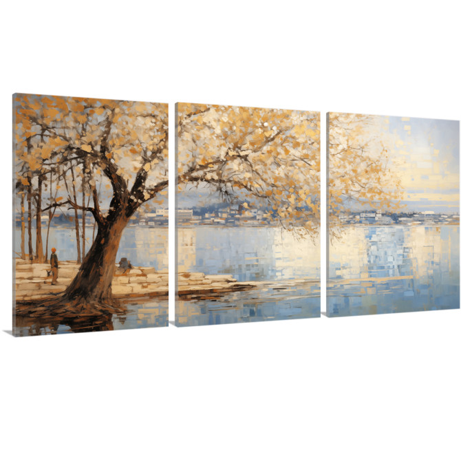 Tríptico decorativo de paisaje otoñal junto a un lago, con árbol de hojas doradas y reflejos en el agua.