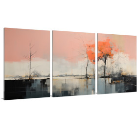 Tríptico decorativo abstracto con paisajes acuarelados en coral y gris-Cuadrostock