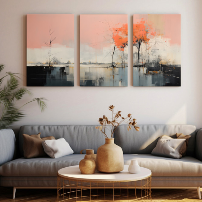 Tríptico decorativo abstracto con paisajes acuarelados en coral y gris-Cuadrostock