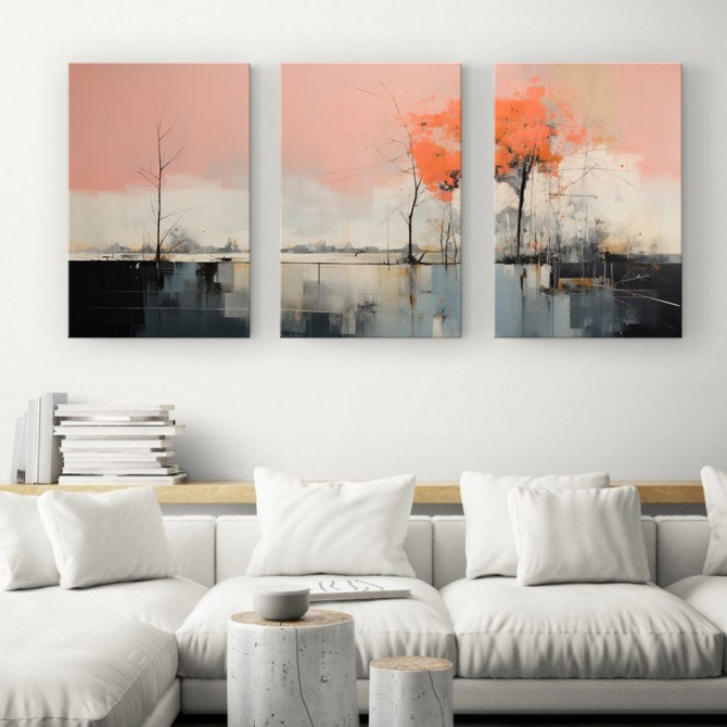 Tríptico decorativo abstracto con paisajes acuarelados en coral y gris-Cuadrostock