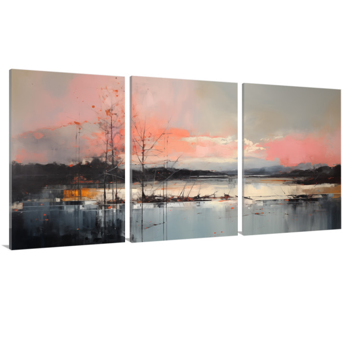 Tríptico  con paisajes acuarelados en coral y gris-  Cuadrostock