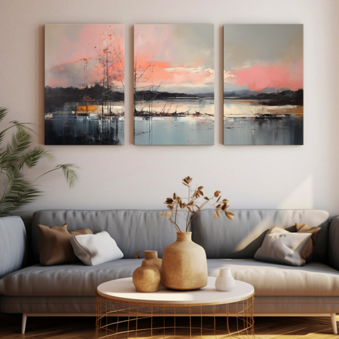 Tríptico  con paisajes acuarelados en coral y gris-  Cuadrostock
