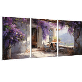 Tríptico decorativo con escena de terraza mediterránea con buganvilla en flor -Cuadrostock