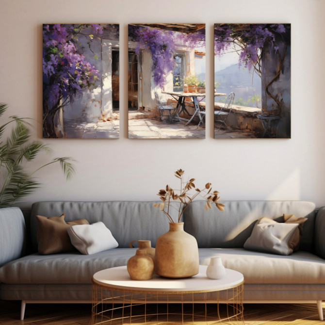 Tríptico decorativo con escena de terraza mediterránea con buganvilla en flor -Cuadrostock