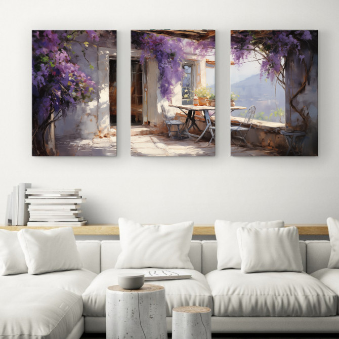 Tríptico decorativo con escena de terraza mediterránea con buganvilla en flor -Cuadrostock