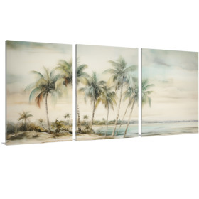 Tríptico decorativo de palmeras tropicales inclinadas frente al mar. Tonos suaves y estilo acuarela- Cuadrostock