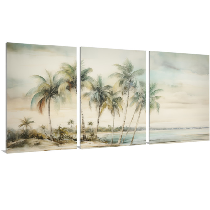 Tríptico decorativo de palmeras tropicales inclinadas frente al mar. Tonos suaves y estilo acuarela- Cuadrostock