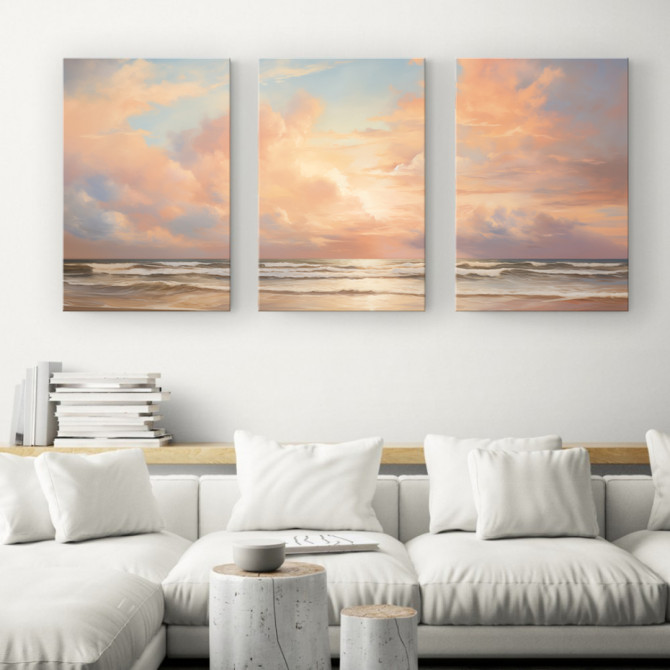 Tríptico de paisaje marino con cielo en tonos pastel, ideal para transmitir serenidad -Cuadrostock