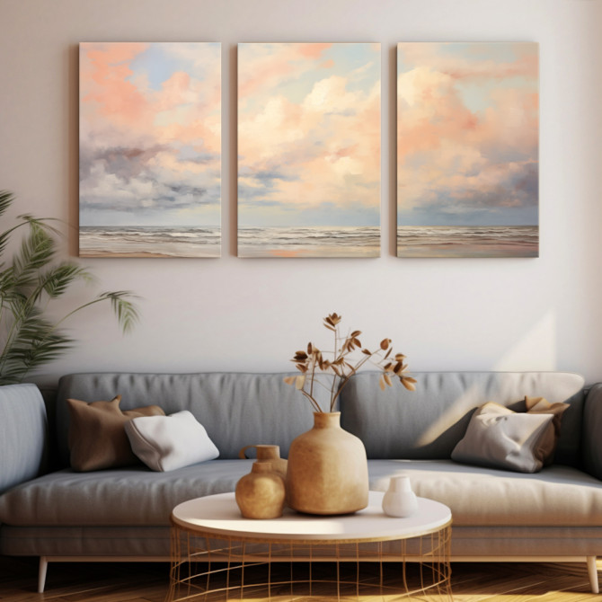 Tríptico de paisaje marino con cielo en tonos pastel, ideal para transmitir serenidad y armonía - Cuadrostock