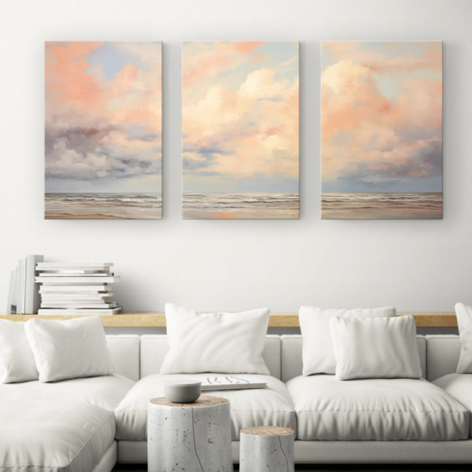 Tríptico de paisaje marino con cielo en tonos pastel, ideal para transmitir serenidad y armonía - Cuadrostock