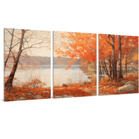 Bosque de hojas anaranjadas reflejándose en un lago tranquilo-Cuadrostock