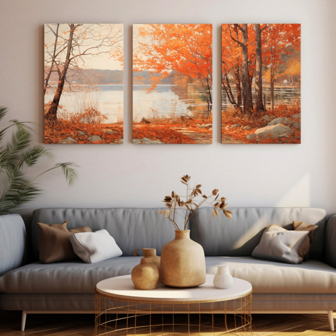 Bosque de hojas anaranjadas reflejándose en un lago tranquilo-Cuadrostock