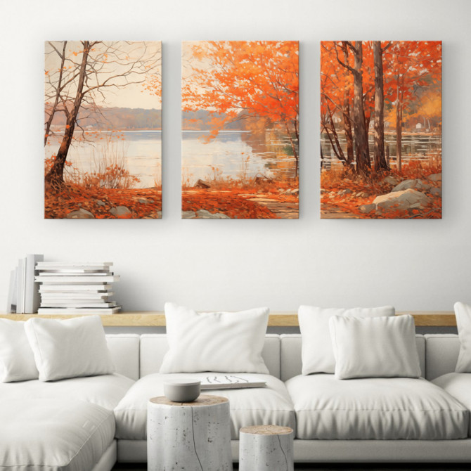 Bosque de hojas anaranjadas reflejándose en un lago tranquilo-Cuadrostock
