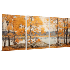 Tríptico decorativo con paisaje otoñal: árboles de hojas anaranjadas reflejados sobre un lago tranquilo.| Cuadrostock