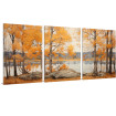 Tríptico decorativo con paisaje otoñal: árboles de hojas anaranjadas reflejados sobre un lago tranquilo.| Cuadrostock