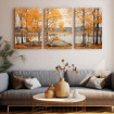 Tríptico decorativo con paisaje otoñal: árboles de hojas anaranjadas reflejados sobre un lago tranquilo.| Cuadrostock