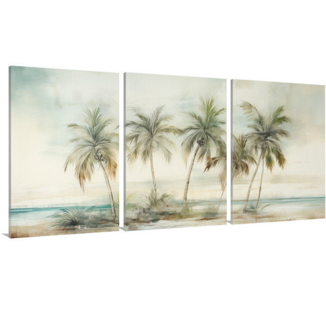 Tríptico decorativo con ilustración artística de palmeras tropicales inclinadas frente al mar