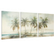 Tríptico decorativo con ilustración artística de palmeras tropicales inclinadas frente al mar