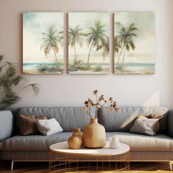 Tríptico decorativo con ilustración artística de palmeras tropicales inclinadas frente al mar Cuadrostock