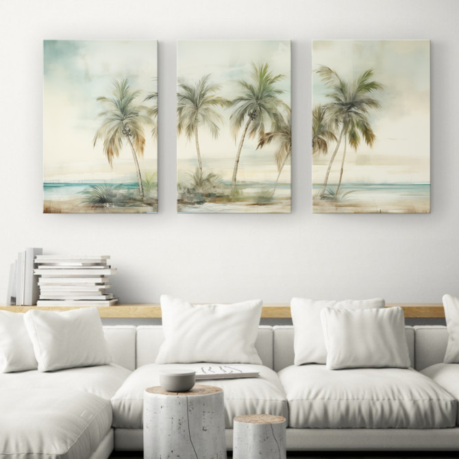 Tríptico decorativo con ilustración artística de palmeras tropicales inclinadas frente al mar
