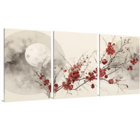 Tríptico con luna llena y ramas de flores rojas en estilo oriental- Cuadrostock