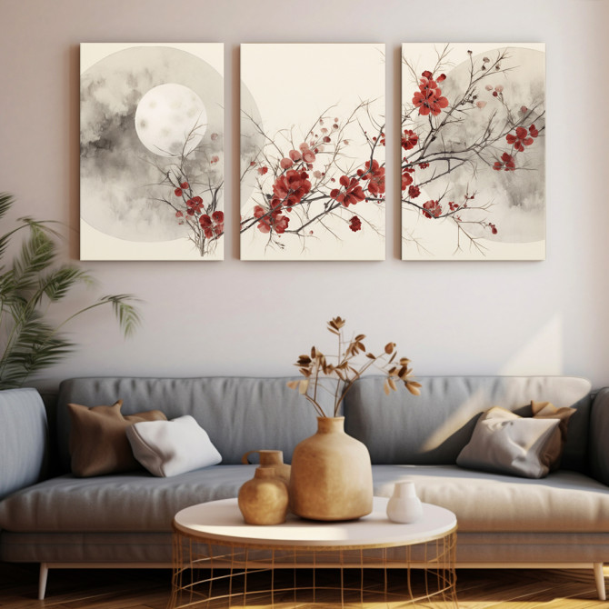 Tríptico con luna llena y ramas de flores rojas en estilo oriental- Cuadrostock