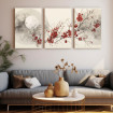 Tríptico con luna llena y ramas de flores rojas en estilo oriental- Cuadrostock