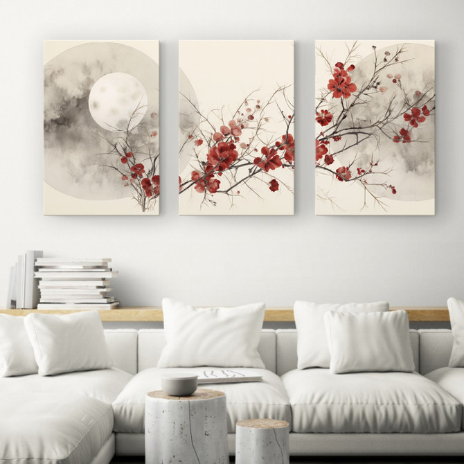 Tríptico con luna llena y ramas de flores rojas en estilo oriental- Cuadrostock