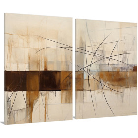 Díptico abstracto vertical con tonos tierra y líneas negras – estilo contemporáneo