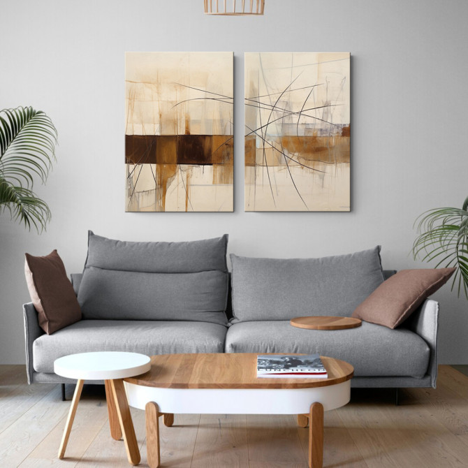 Díptico abstracto vertical con tonos tierra y líneas negras – estilo contemporáneo