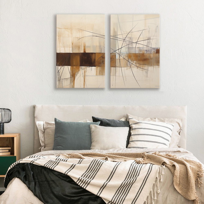 Díptico abstracto vertical con tonos tierra y líneas negras – estilo contemporáneo