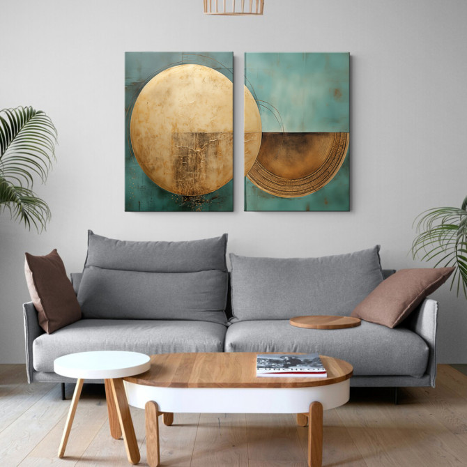 Díptico abstracto moderno con formas circulares  sobre fondo turquesa