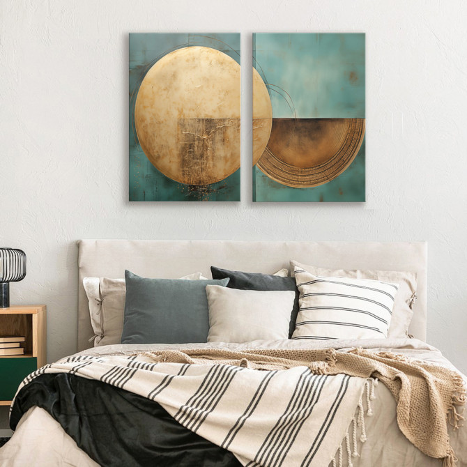 Díptico abstracto moderno con formas circulares  sobre fondo turquesa