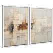 Conjunto de 2 cuadros abstractos verticales en tonos neutros con líneas arquitectónicas en marrón y detalles en color óxido