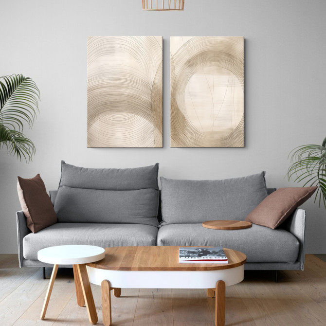 Cuadro abstracto con líneas curvas en tonos beige y marrón claro, diseño minimalista y elegante
