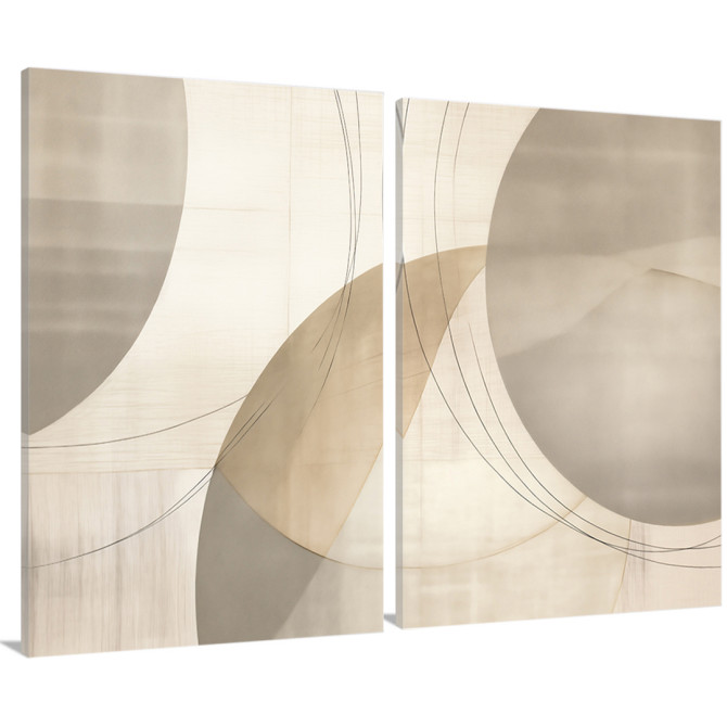 Díptico abstracto contemporáneo en tonos neutros beige y gris con formas geométricas y estilo minimalista