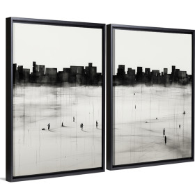 Díptico decorativo con silueta urbana y figuras humanas en estilo minimalista blanco y negro – ideal para salones modernos