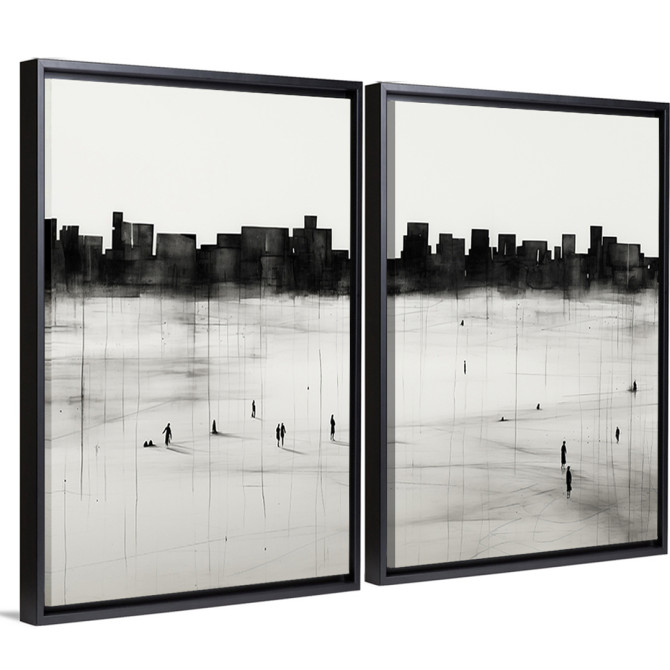 Díptico decorativo con silueta urbana y figuras humanas en estilo minimalista blanco y negro – ideal para salones modernos