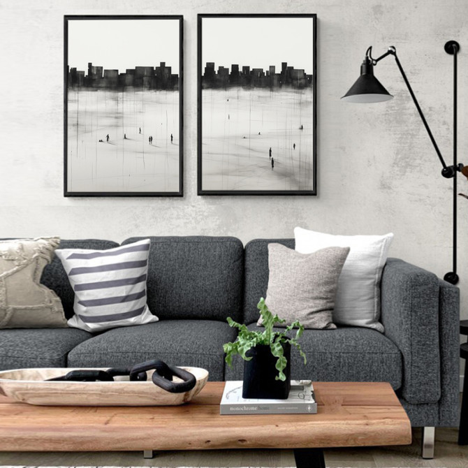 Díptico decorativo con silueta urbana y figuras humanas en estilo minimalista blanco y negro – ideal para salones modernos
