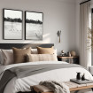 Díptico decorativo con silueta urbana y figuras humanas en estilo minimalista blanco y negro – ideal para salones modernos
