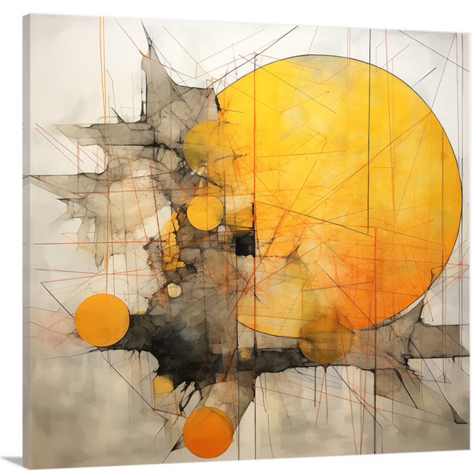 Cuadro abstracto moderno con esferas amarillas, líneas rojas y texturas oscuras
