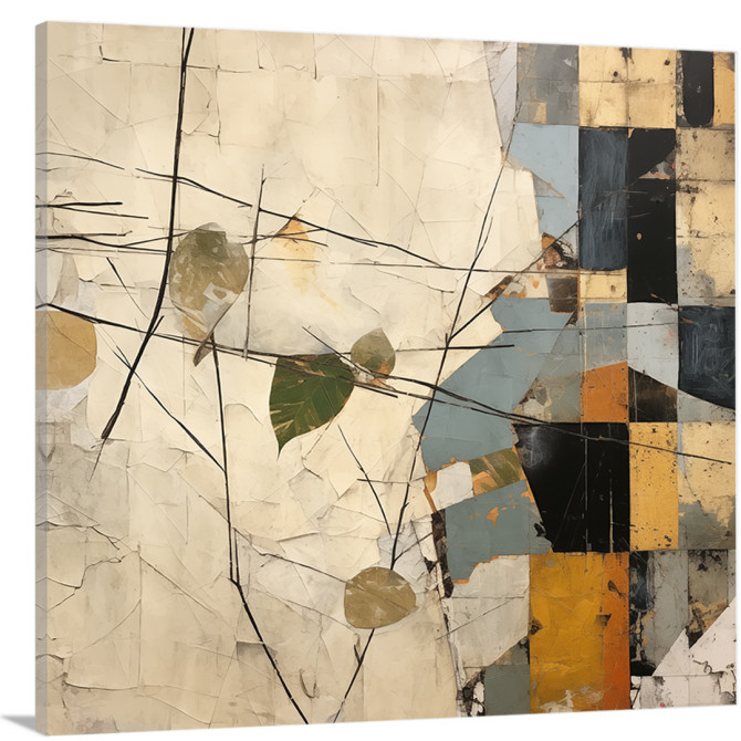 Cuadro abstracto con hojas y figuras geométricas en tonos beige, verde y mostaza