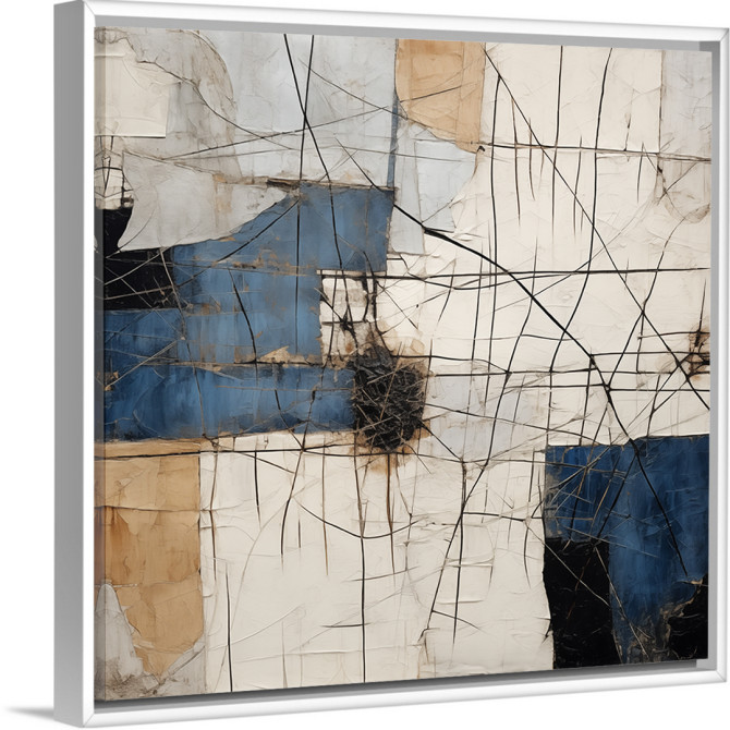 Cuadro abstracto cuadrado con bloques en azul cobalto, beige y blanco con líneas negras